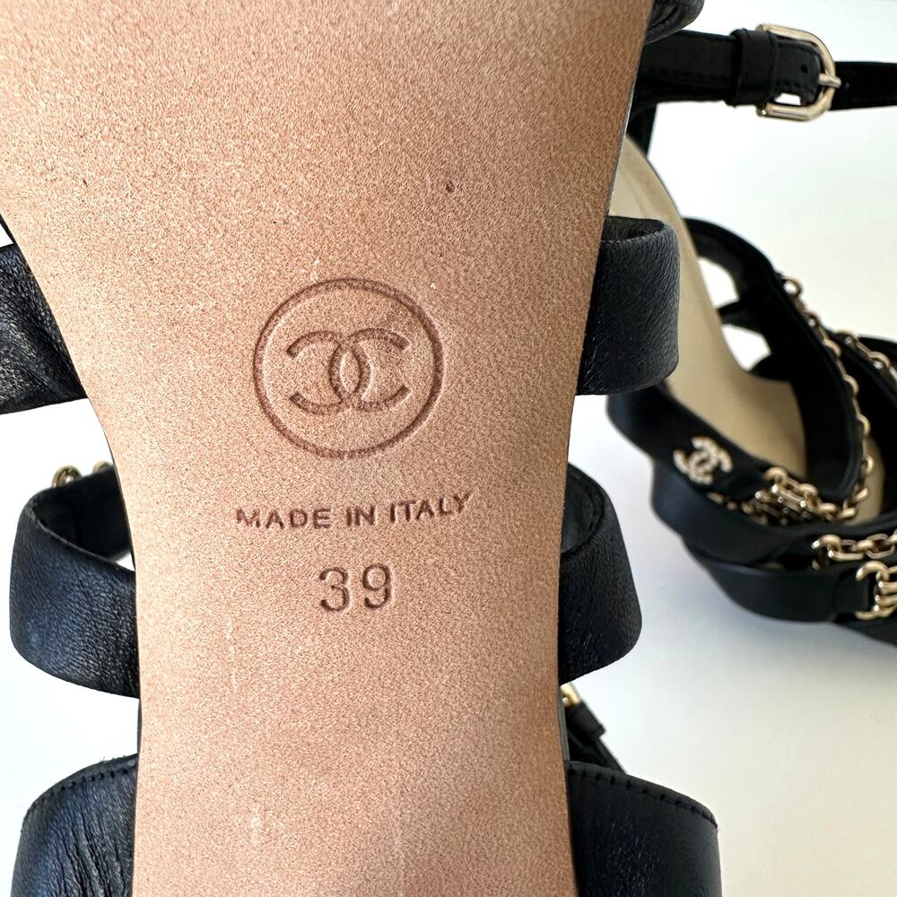 CHANEL CC Logo Black Lambskin Quilted Heels Gold Chain Strap Sandals IT 39 - Picture 10 of 16